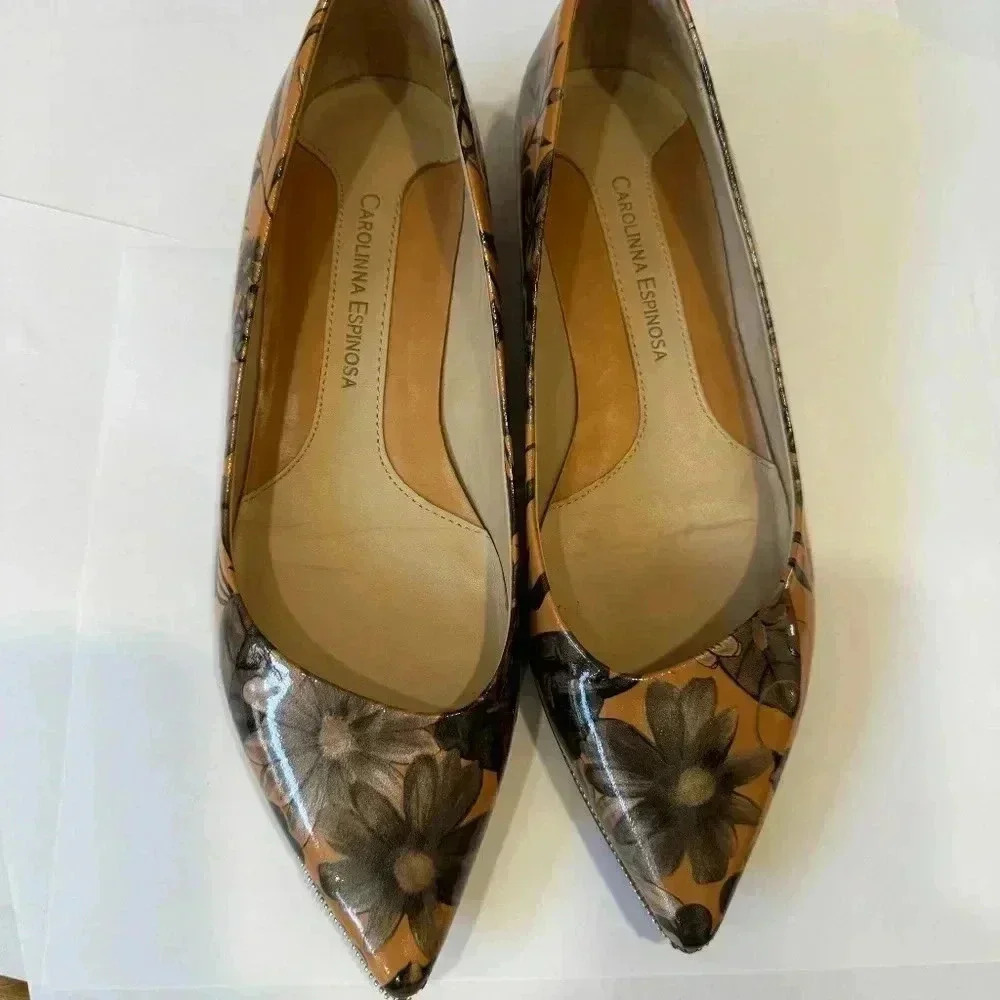 Carolinna Espinosa Black And Peach Floral Patent Leather Flats  Size 7